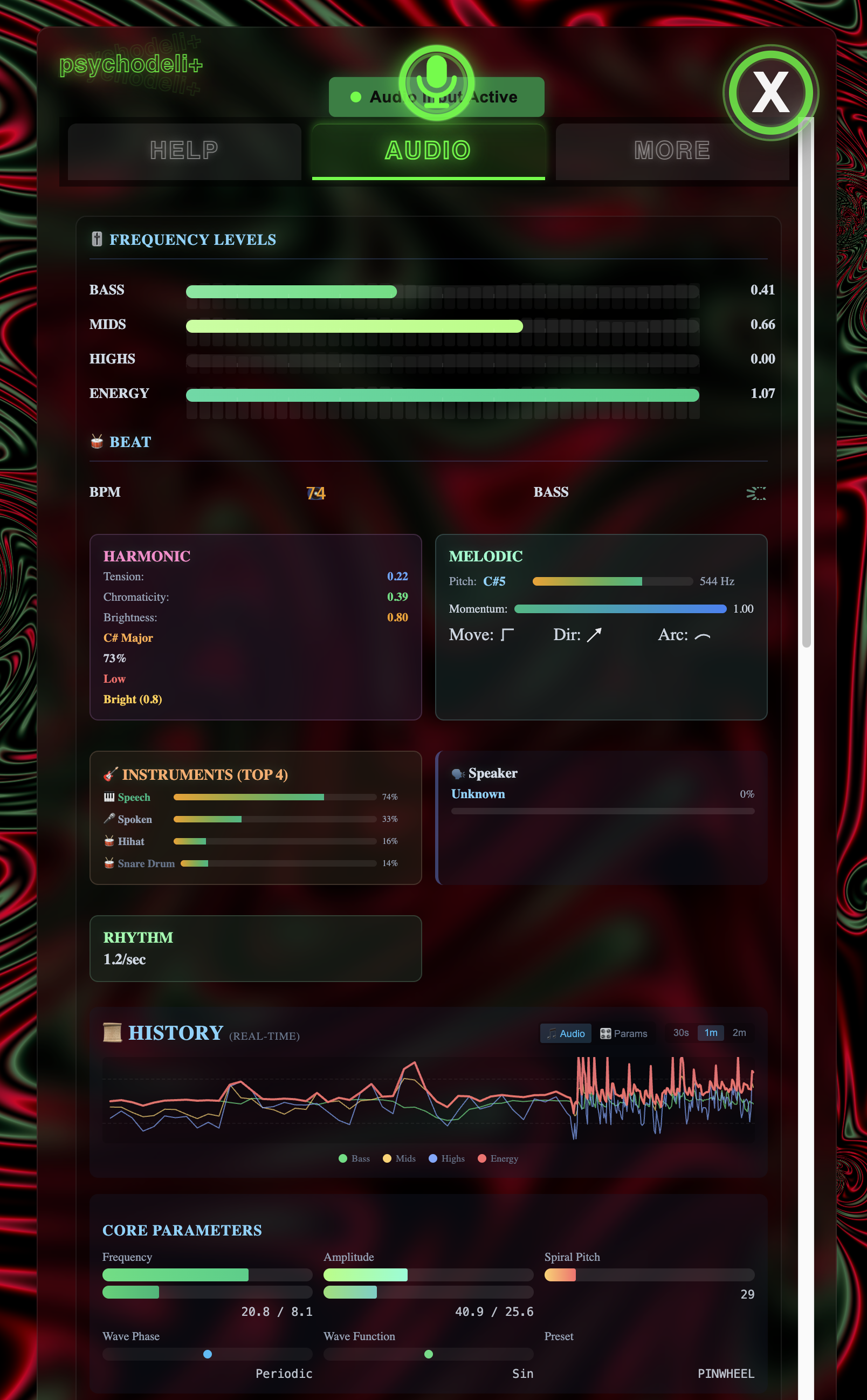 Audio analysis EQ panel showing frequency levels, beat detection, harmonic analysis, instrument classification, and history timeline