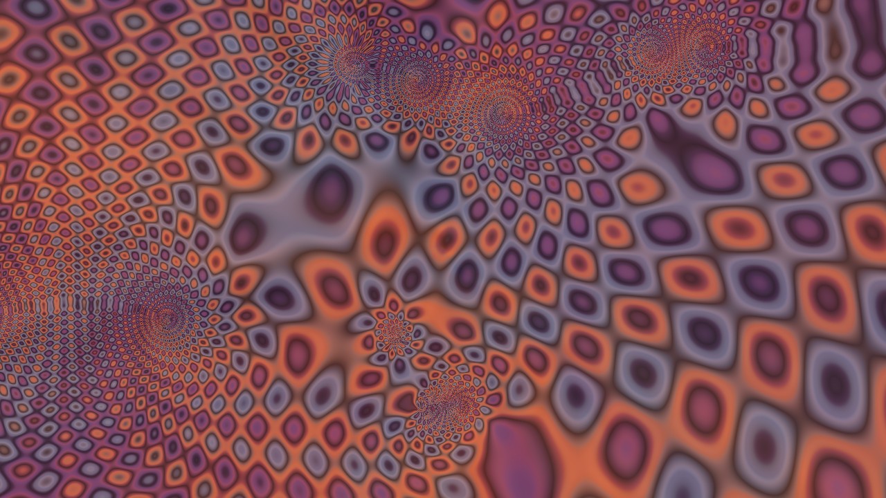 Feedback view: softer, overlapping pink and copper vortex trails