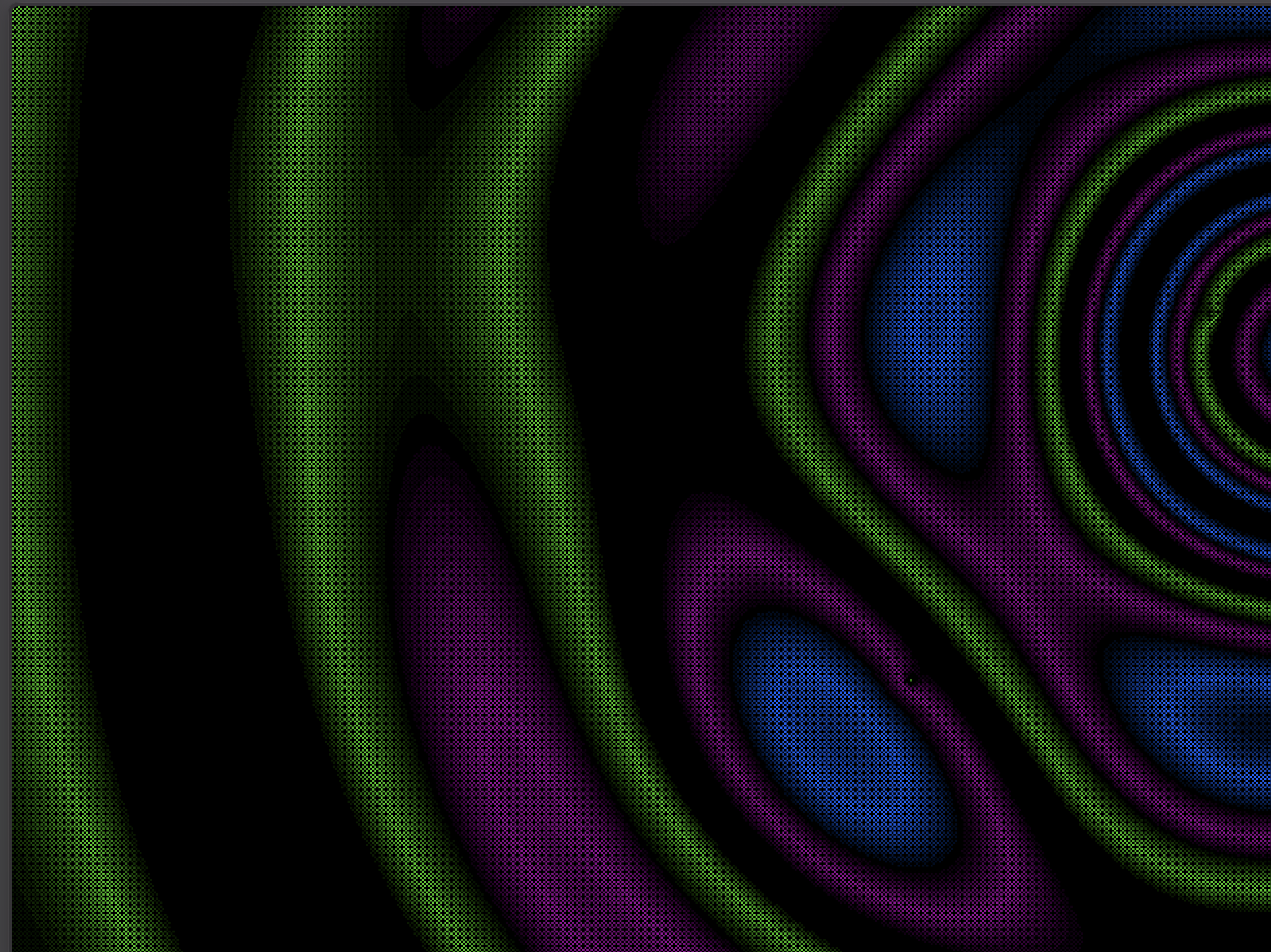 Satori rendering: green, magenta, and blue flowing fields rendered with visible color dithering