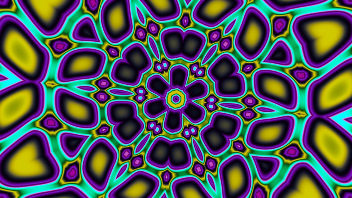 Kaleidoscopic rosettes with dark outlines between colored cells