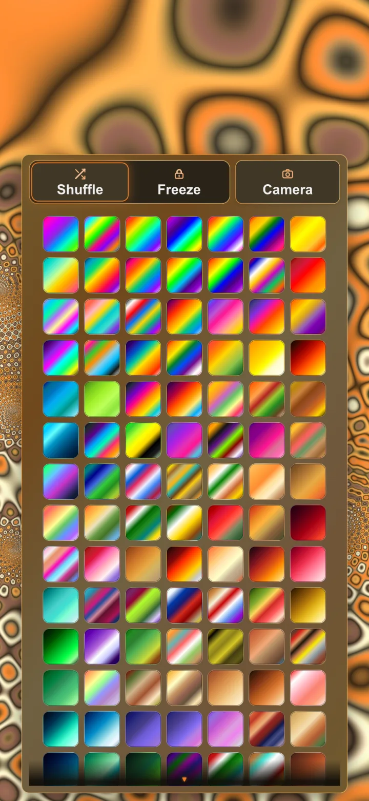 The Color panel with Shuffle, Freeze, Camera, and a scrollable wall of palettes.