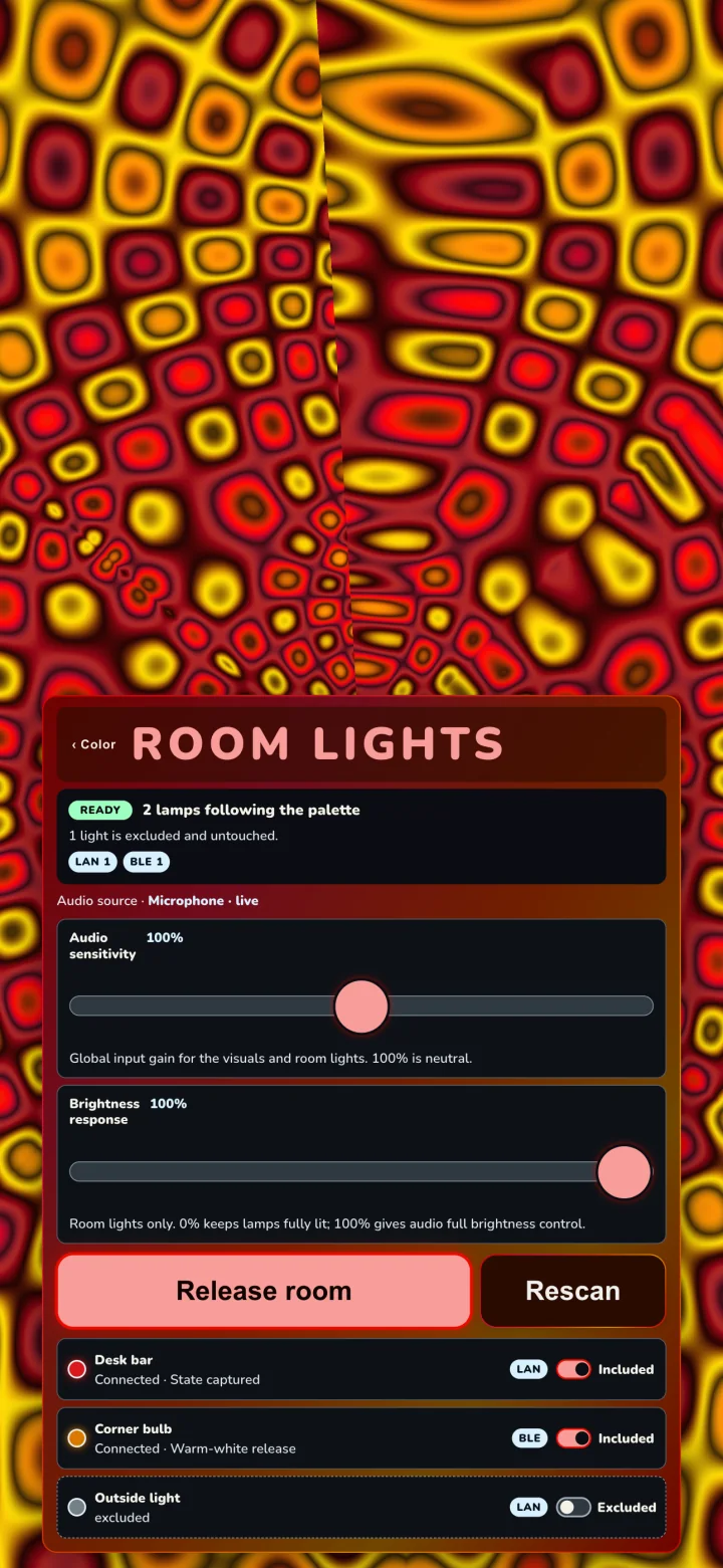 Psychodeli Room Lights panel showing included LAN and Bluetooth lamps first, an excluded lamp below them, live assigned-color circles, audio sensitivity, brightness response, Give lights back, and Rescan controls.