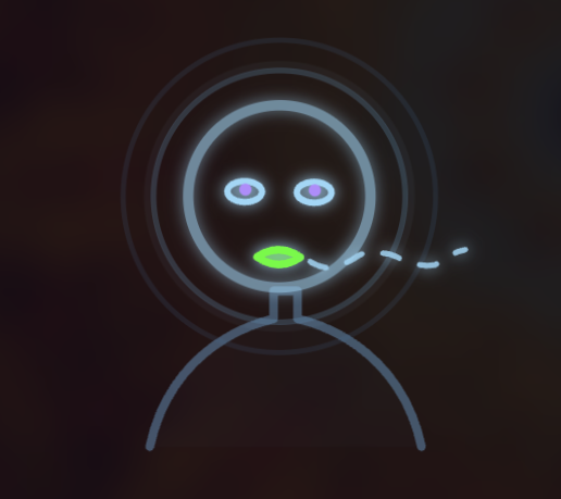 The Familiar — the engine's perception of you: a glowing face with tracked eyes and a bright green mouth mid-sing, a vocal ribbon trailing off, over the live visuals